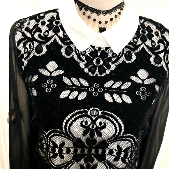 Peter Pan Collar Black Velvet Burnout Tunic Shirt Goth Witchy Vibes Dress sz 10 - Picture 6 of 8